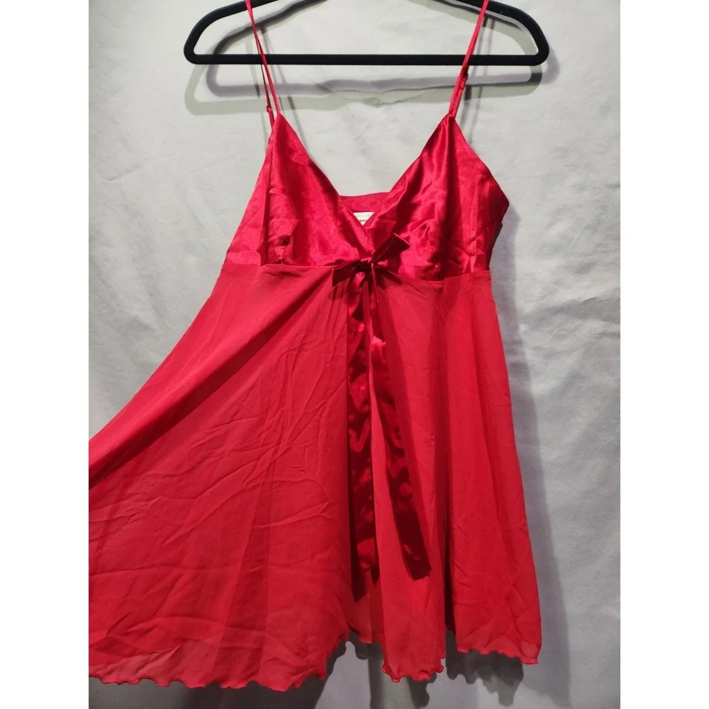 Victorias Secret 90s Red‎ Satin Babydoll Gown Slip Bow Accent Sheer M Valentines